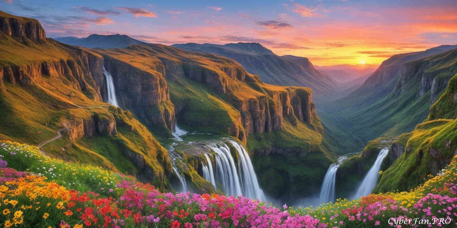 Природа, закат, солнце, ущелье, цветы, горы, водопад