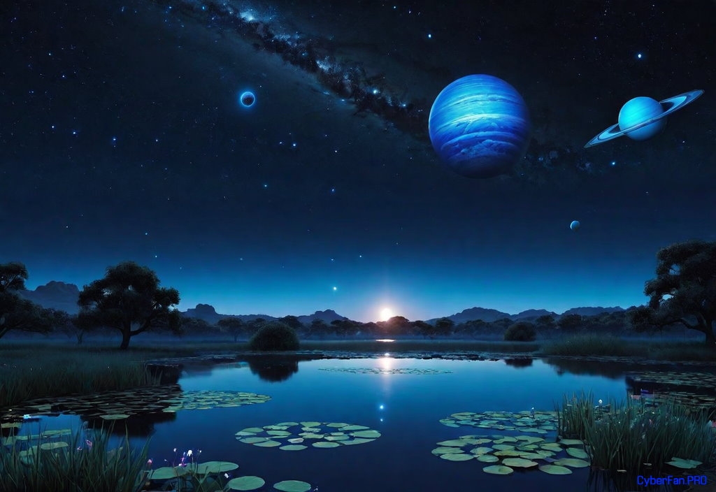 Планеты, синий, нейросеть, ночь, водоем, нереальный